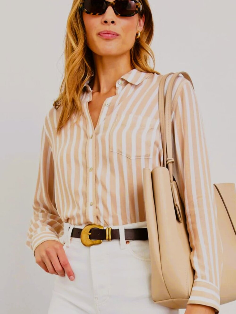 NWT Express Tan and White Striped Button Down Collar Neck Boyfriend Shirt XS